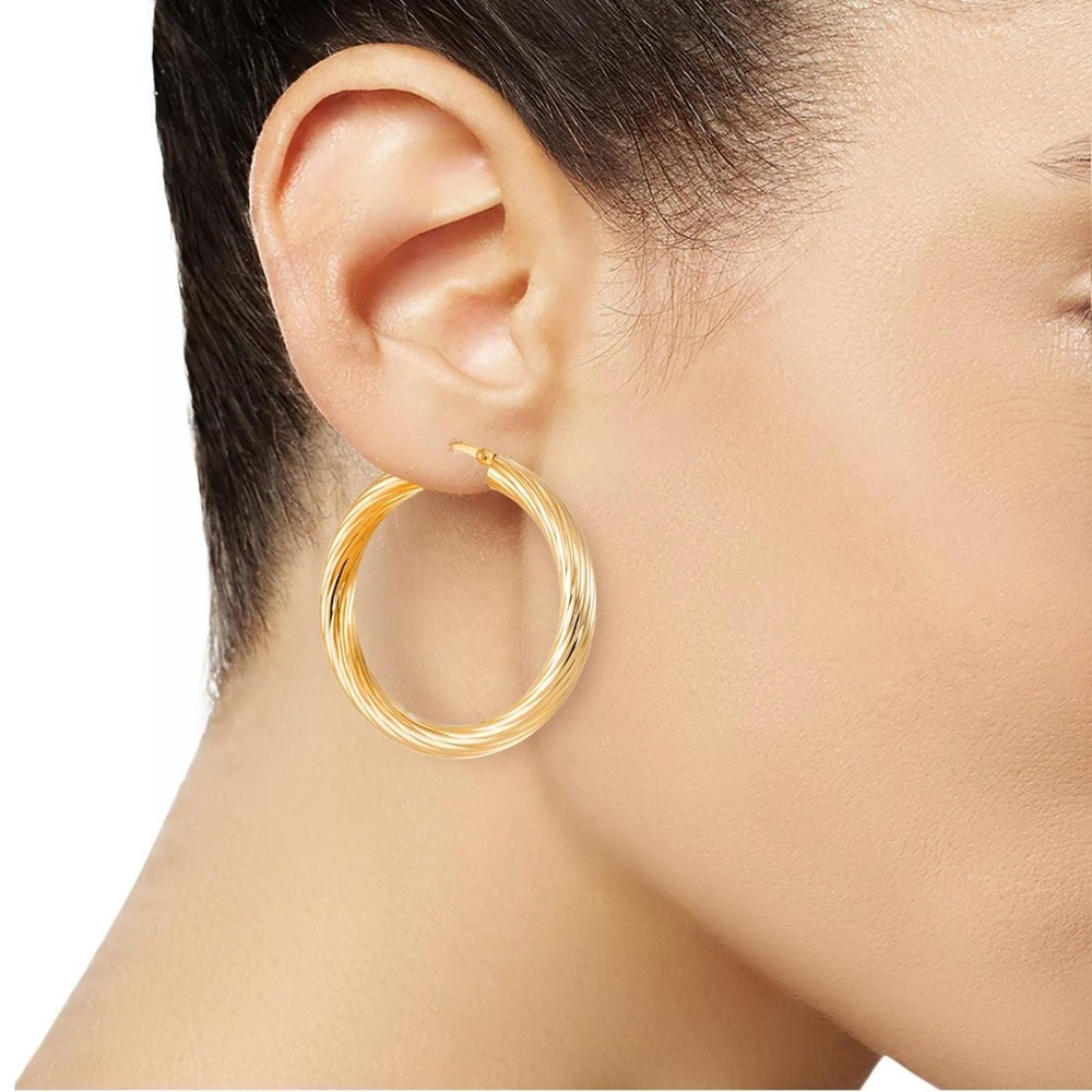Textured Medium Hoop Earrings 14K GoldPlated Sterling Silver - Picture 3 of 4